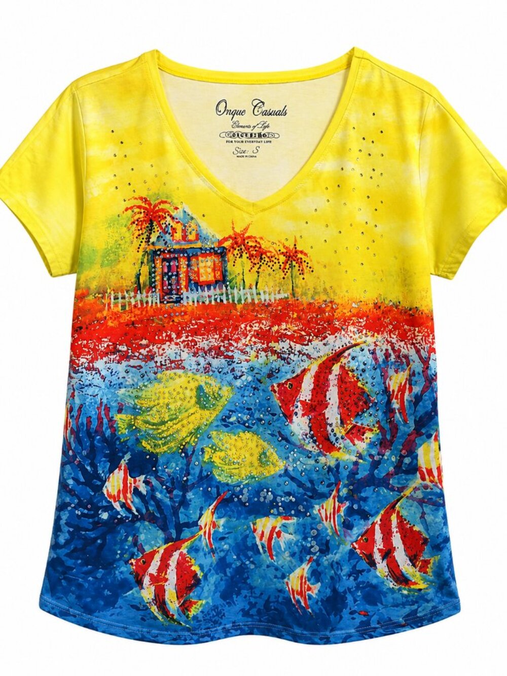 Onque Casuals Women’s Size Small Tropical Fish Rhinestone V-Neck Top Beach Coast